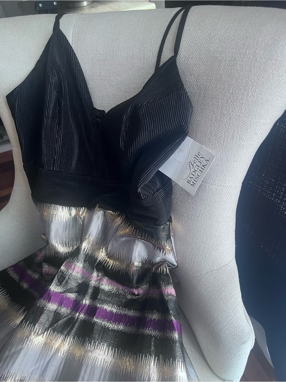Black Bodice Metallic Stripe Cocktail Dress